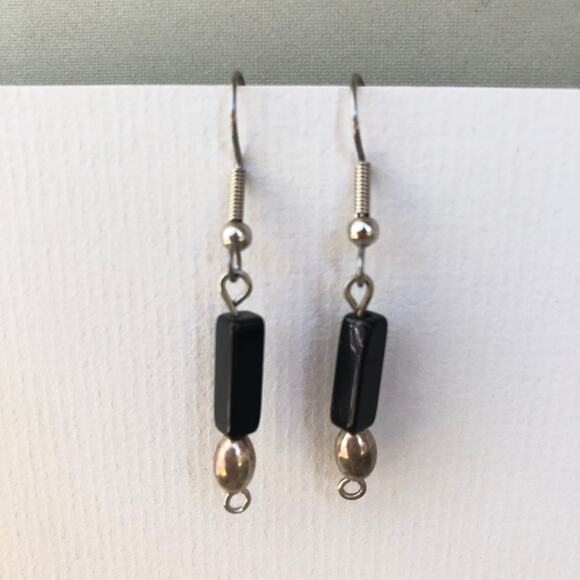 Black Onyx Hook Earrings Silver Tone Handmade Gift Boho Gemstone - Picture 1 of 5